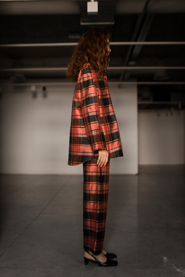Ellie Silk Shantung Shirt - Salmon plaid