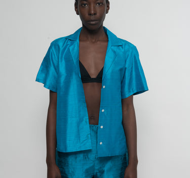 Sandra Shantung Silk Shirt - Blue Teal - SAMPLE