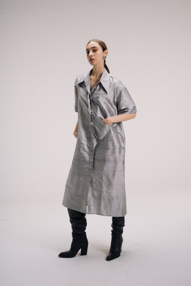 Elena Oversized Shantung Silk Shirt Dress - Pearl Grey