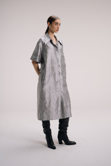 Elena Oversized Shantung Silk Shirt Dress - Pearl Grey