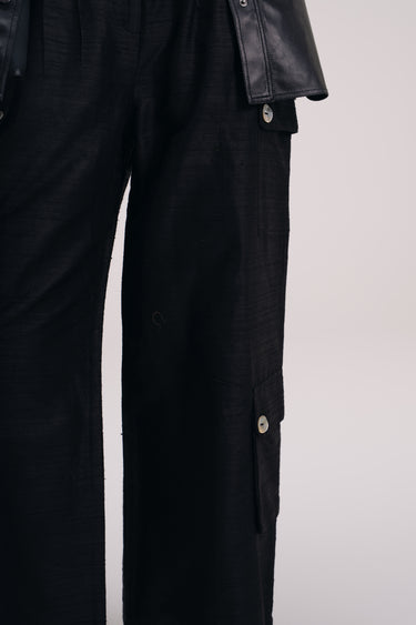 GWEN Shantung Silk Cargo Pants - Black