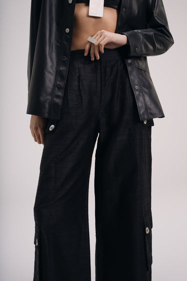 GWEN Shantung Silk Cargo Pants - Black